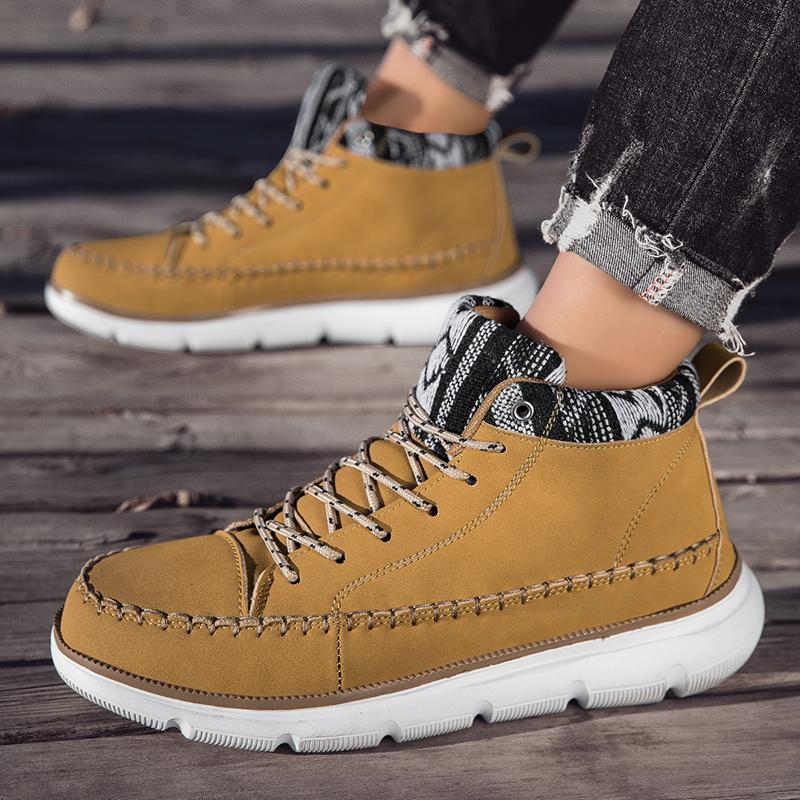 Fashion Classic Fashion Yellow Men's Work Shoes Breathable Leather Casual Shoes for Men Lace-up High-top Shoes Men Zapatos Para Hombres