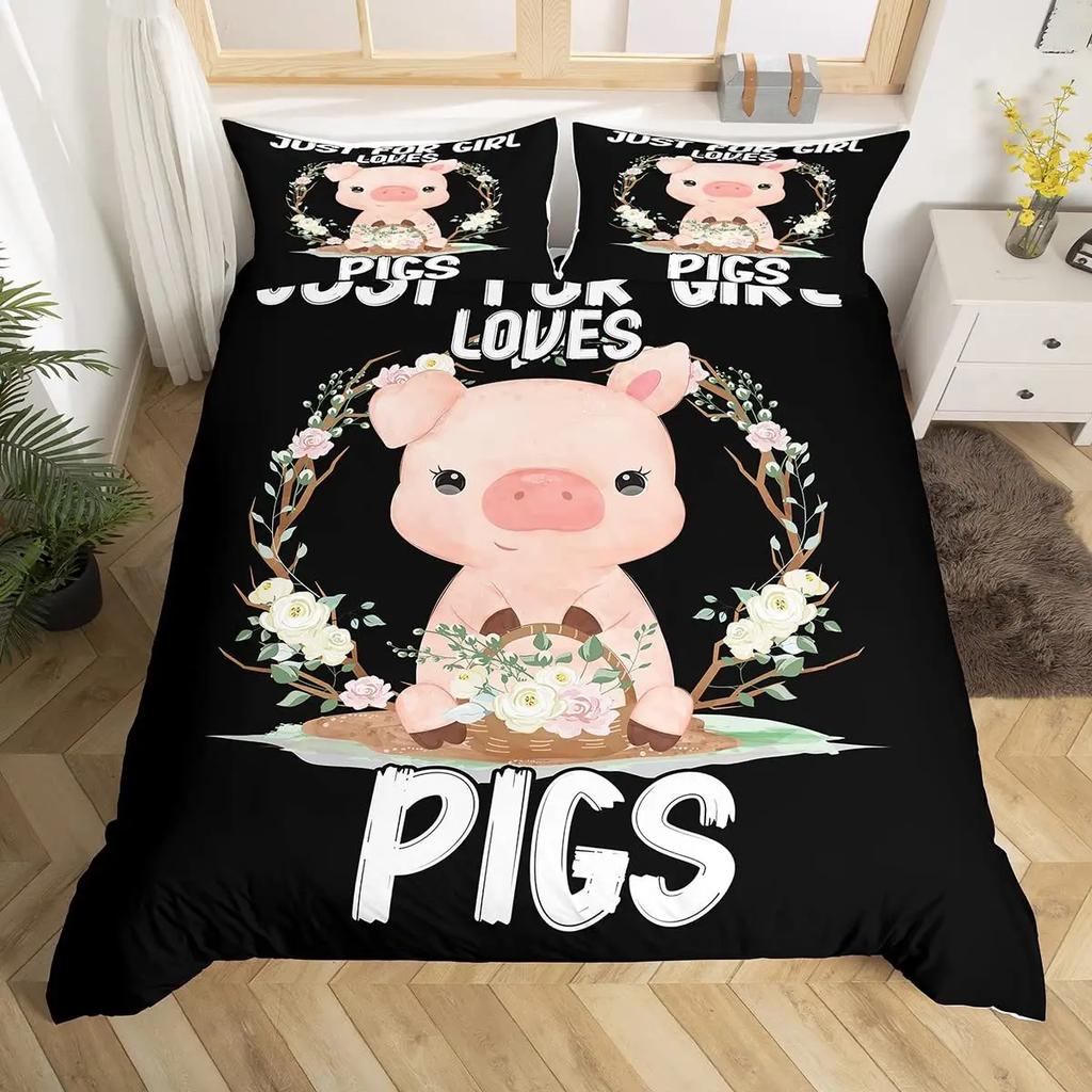 Cute Pig Duvet Cover Set For GirlsSunflowers Florals Comforter Cover Pink Grid Lattice Plaid Bedding Sets Quilt Cover Full Size