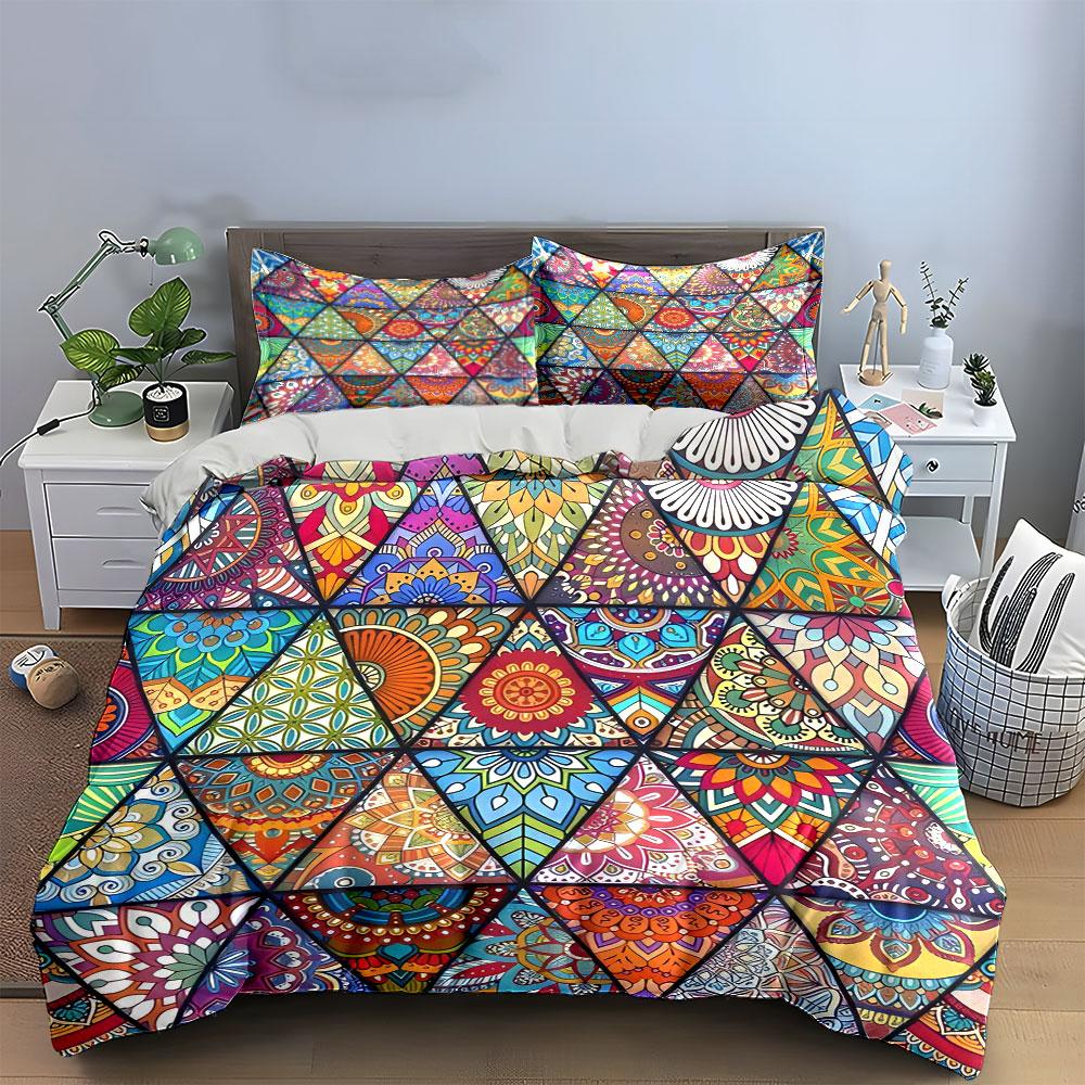 Colorful Mandala Triangle Art Decor Soft Skin-Friendly Bedding Set Includes 1 Duvet Cover And 2 Pillowcase Gift