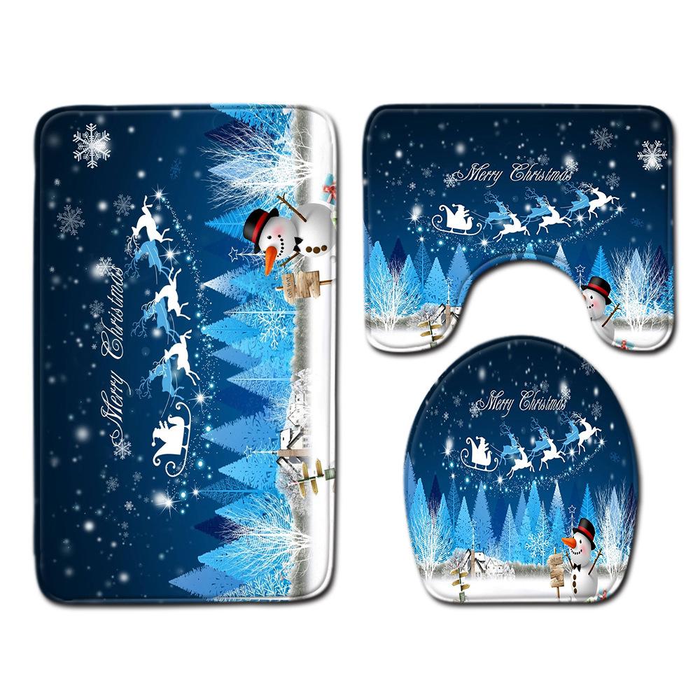 Christmas Shower Curtain Floor Mat Combination Four-Piece Set Bathroom Toilet Carpet Shower Room Mat Foot Mat