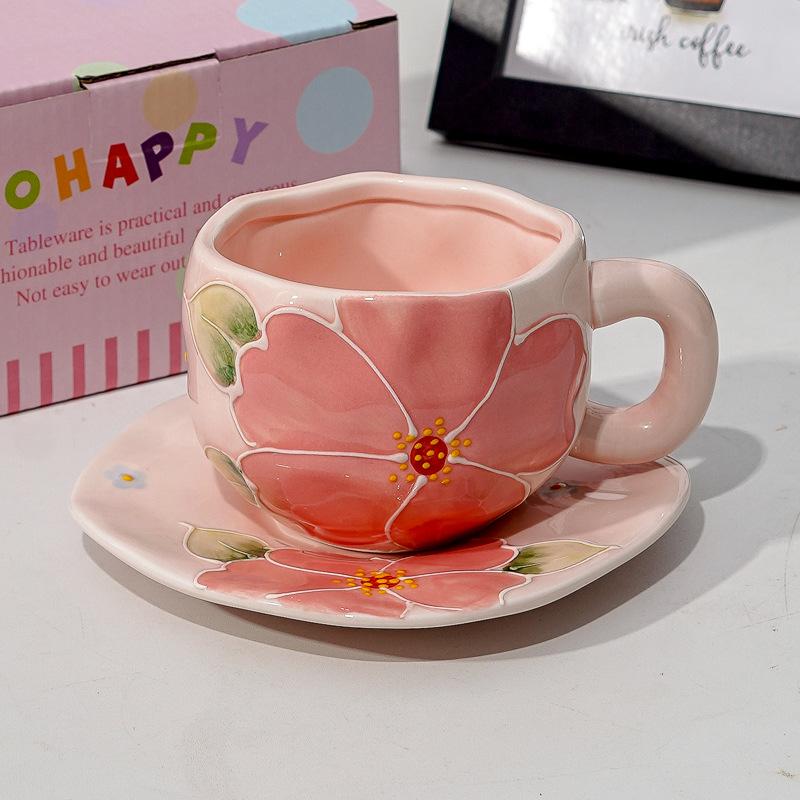 Creative Cute Flower Ceramic Coffee Mug Simple Couple Mug Exquisite Afternoon Tea Dessert Cup Office Mug Birthday Gift Art Decor