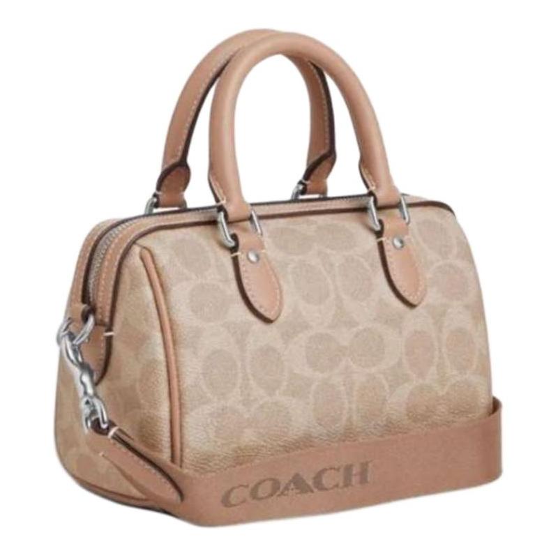 COACH Rowan 18 brand logo zipper closure, artificial leather, crossbody shoulder handbag, small size, women's milk tea color