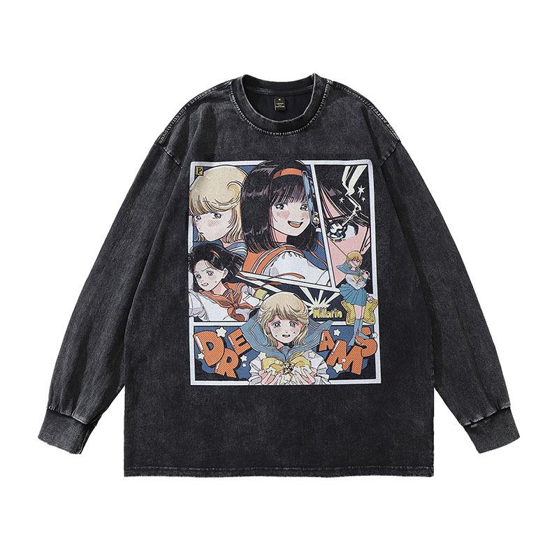 High Street Vintage Old Washed Cartoon Printed Short Sleeve T-Shirt Men'S And Women'S Bf Style Hip Hop Loose Half Sleeve Top