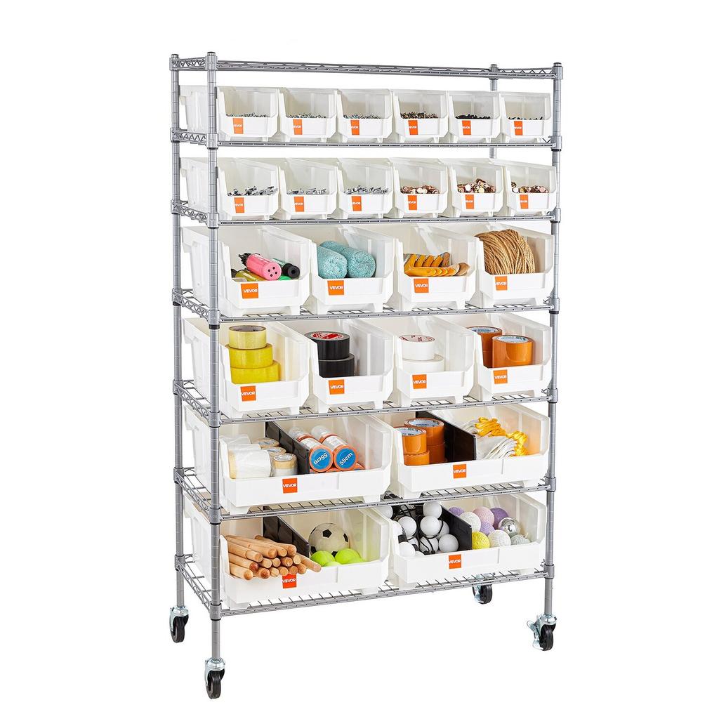 7-Tier Rolling Bin Storage Rack, 24 Organizer Bins, Bin Rack Storage Steel Wire Shelving System with Wheels, Mobile Tool Organizer for Garage,