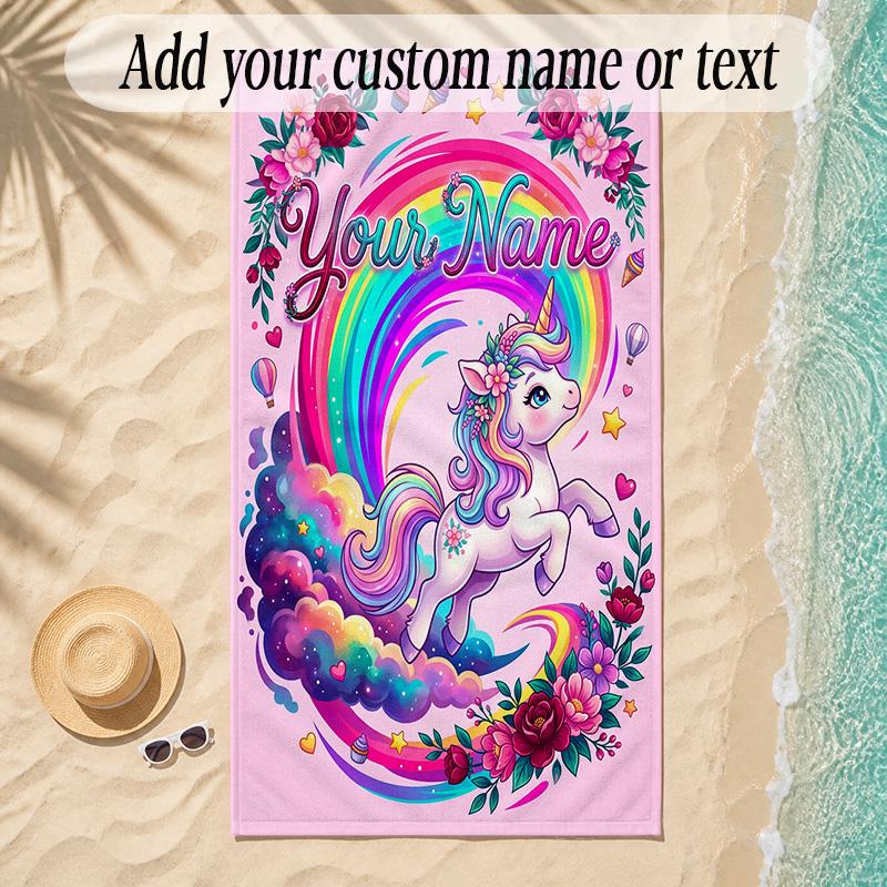 Unicorn Theme Soft Beach Towel Personalized Custom Name Text Towel Portable for Beach Pool Travel