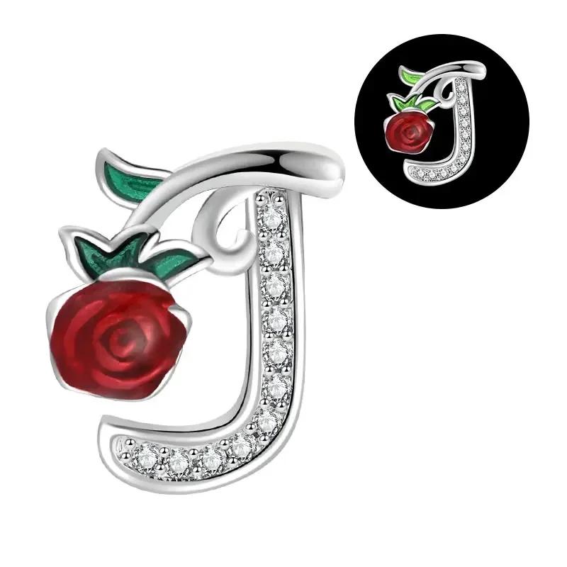 Copper 26 Letter A-Z Red Rose Charms Luminous Bead Fits Genuine Bracelets Do-It-Yourself Beautiful Jewellery Beautiful Gift For Women