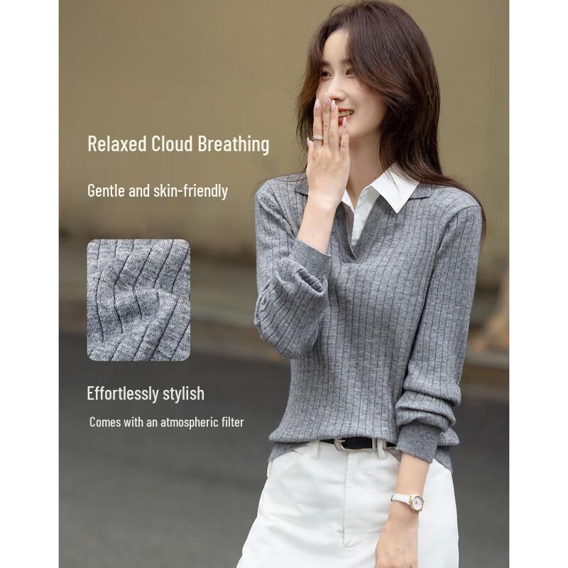 Demana Fall Faux Two-Piece Spliced Knit Top with Detachable V-Neck
