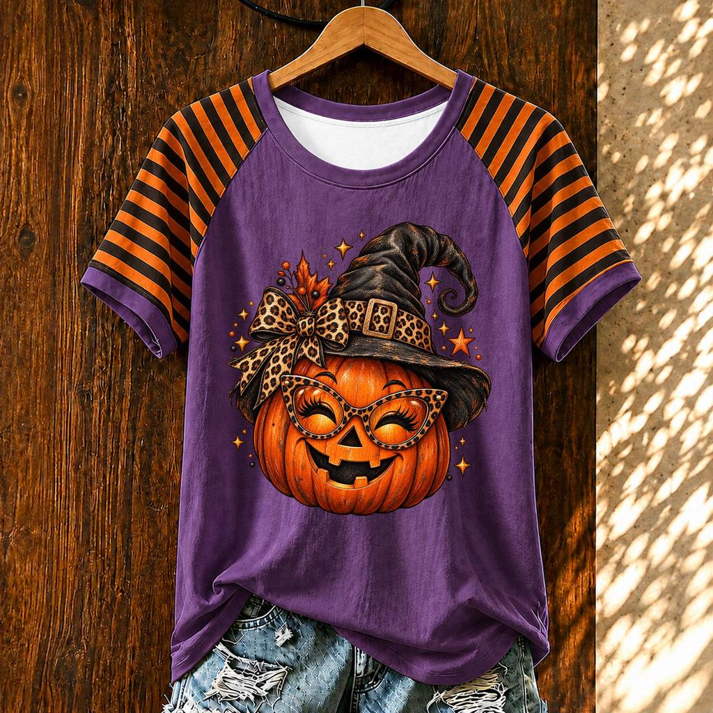 Women's Casual Halloween Striped Print Short Sleeve T-Shirt