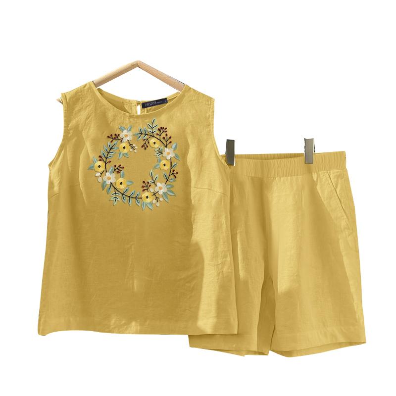 

ZANZEA Women Casual Embroidery Floral Tank Tops and Shorts Summer Two Piece Suit Sets 5XL жёлтый