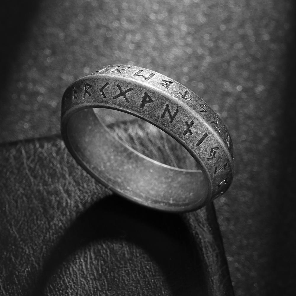 Viking Norse Futhark Runes Ring Men Antique Silver Stainless Steel Vegvisir Amulet Icelandic Jewelry Gift