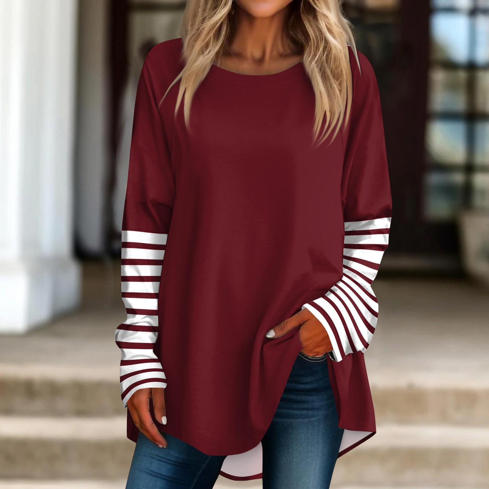 

Модные женские повседневные топы с длинными рукавами и круглым вырезом с принтом L винный