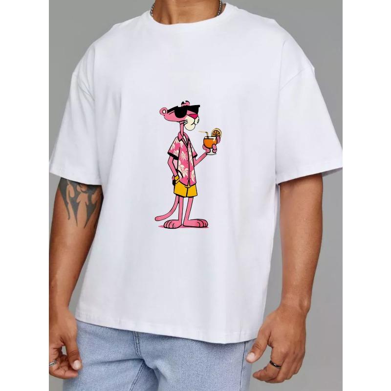 Crewneck T Shirt White Pink Panther Cartoon Character with Cocktail Summer Beach Wear