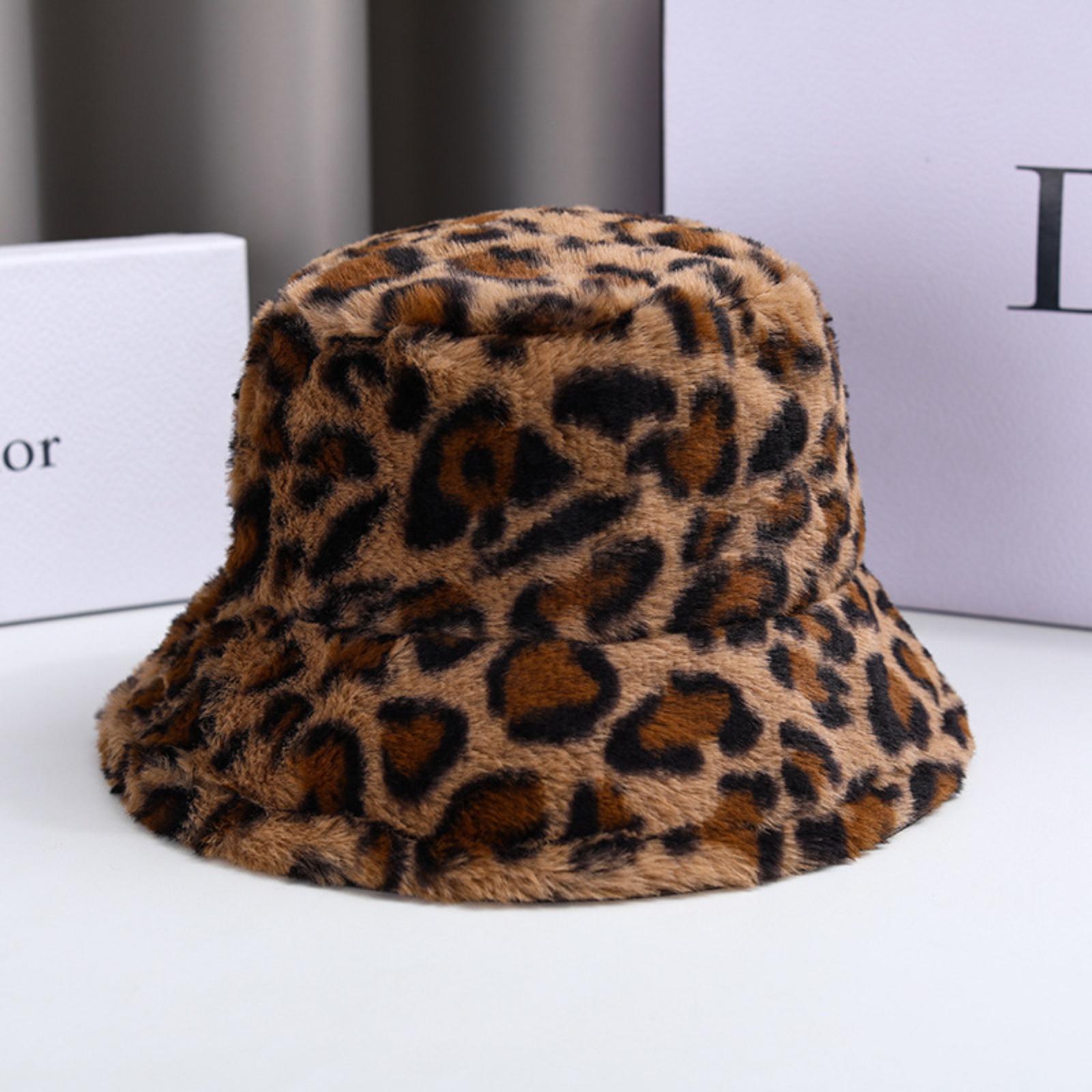 

Faux Fur Bucket Hat Leopard Print Patterned Soft Warm Winter Hat Casual Outdoor Fashion Accessory for Women and Teens One Size