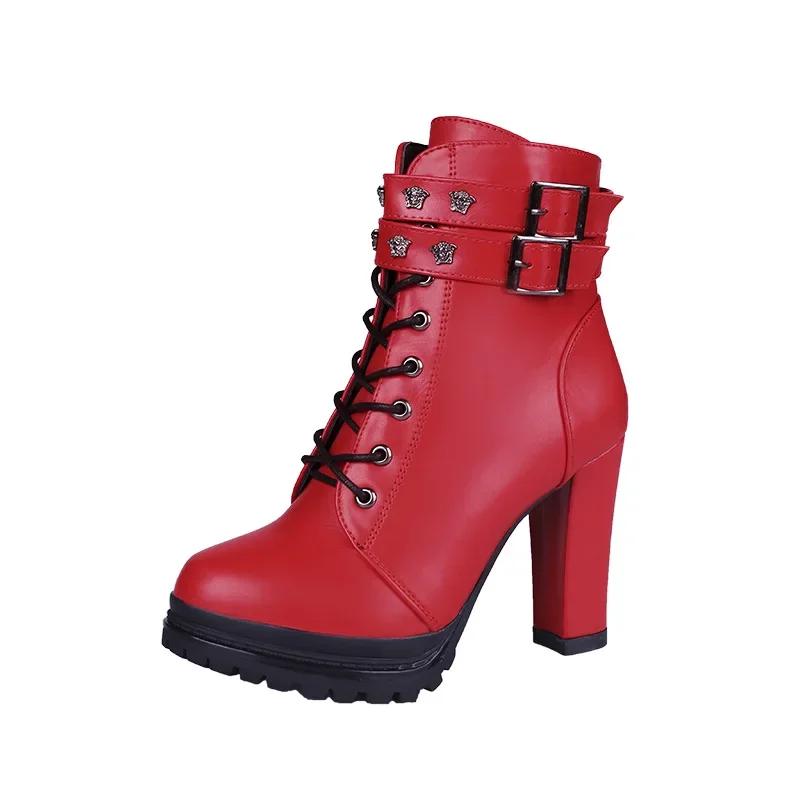 Women Autumn Ankle Boots Sexy Office High Heels Platform Boots Round Toe Leather Booties Black Pumps Ladies Party Shoes New 2024