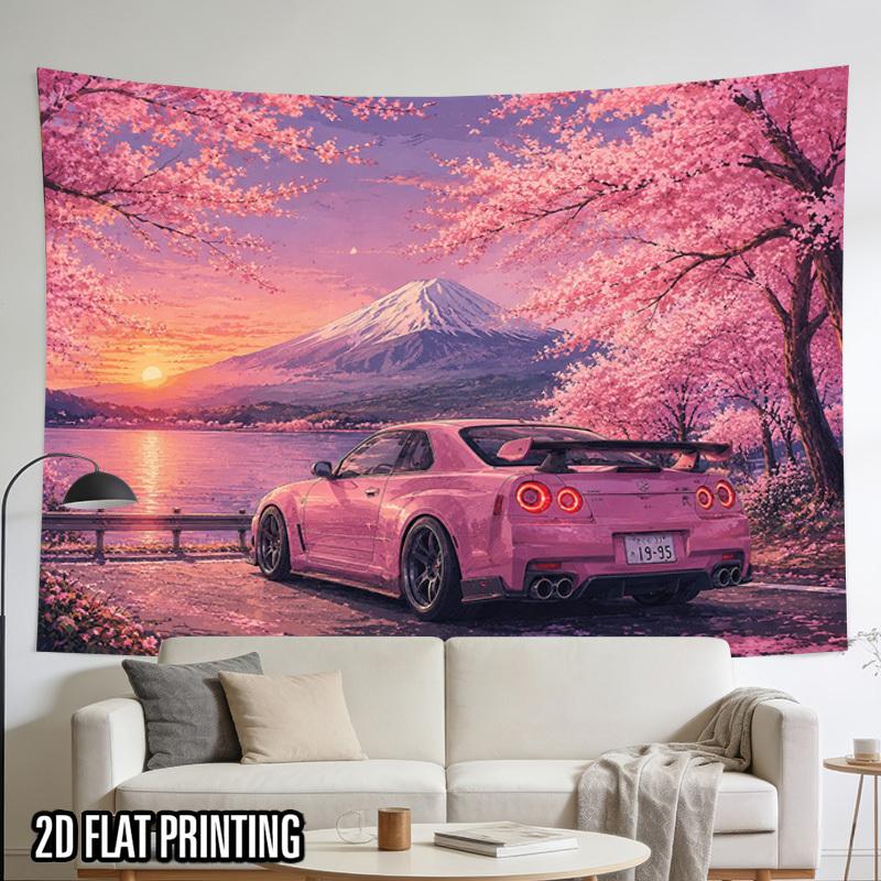 2D Flat - 2D Flat - 2D Flat Print 1pc Tapestry Pink Sports Car at Cherry Blossom Fuji Mountain Wall Hanging Large Size Decorative Hanging Cloth Holida