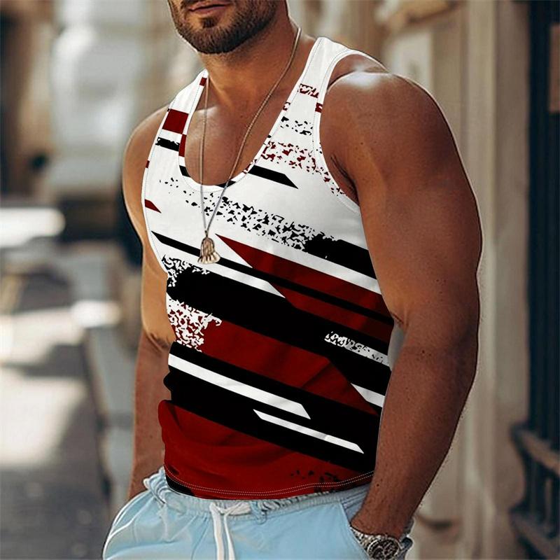 Men's Graffiti Striped Print Vest Classic Fashion Basketball Vest Summer Fitness Sports Breathable T-Shirt