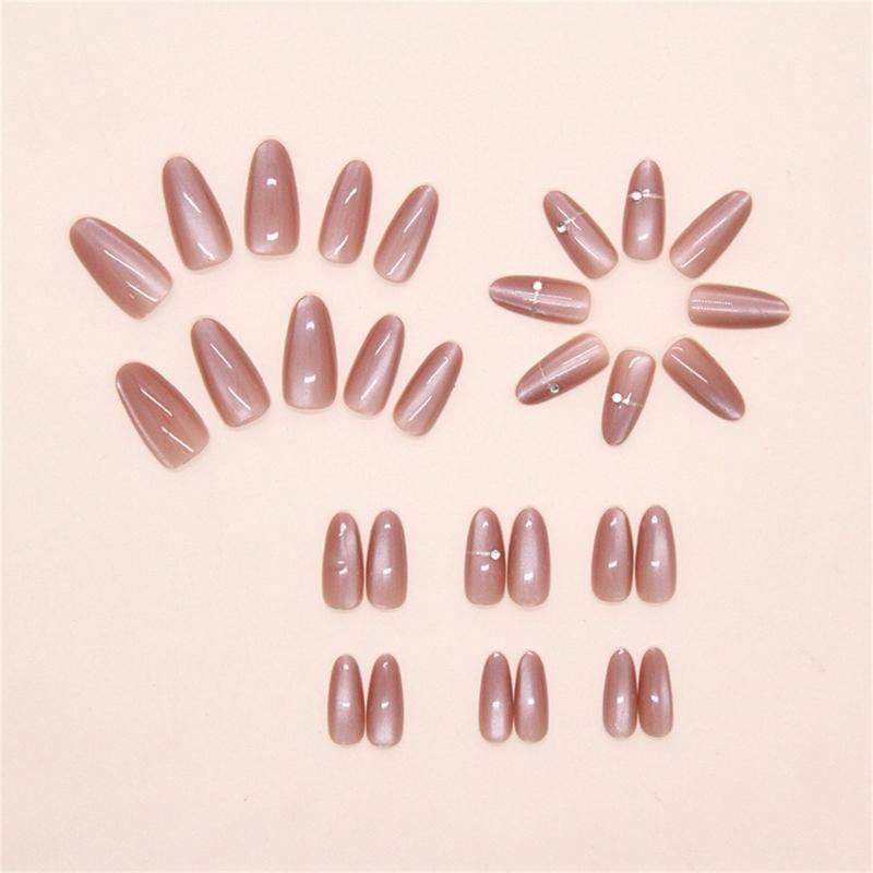 24 Pcs Glossy Full Cover Stick On Nail Almond Shape False Nail Simple Press On Nail Rhinestones Artificial Nail
