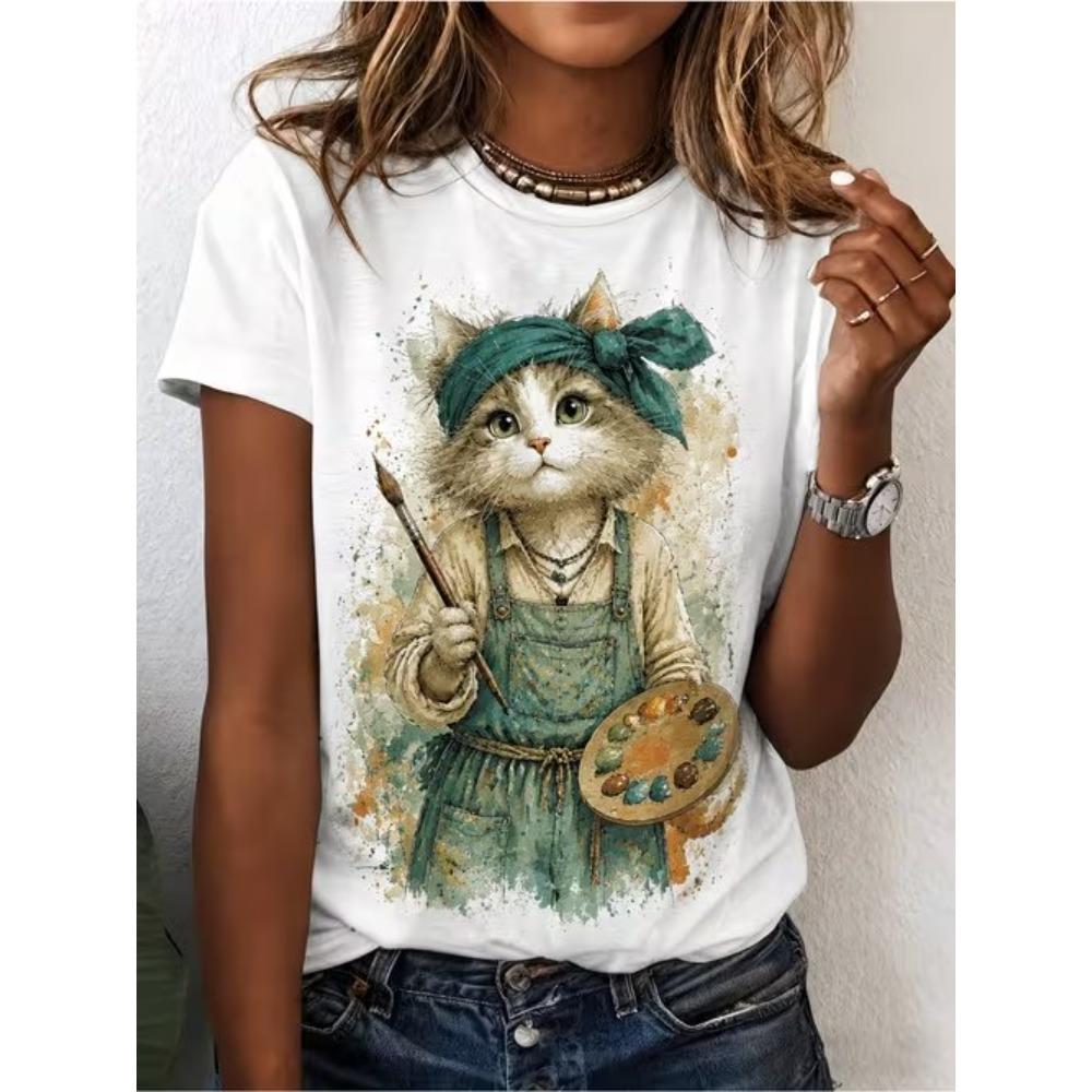 Maglietta da donna alla moda con stampa di gatto carino, divertente, casual, con scollo a V e maniche corte, estiva.