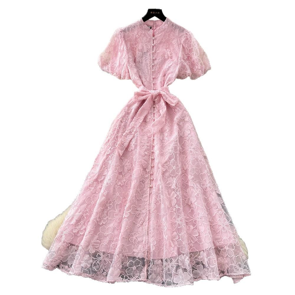 Elegant Lace Embroidered Dress Women's Summer High Waist A-shaped Skirt Commuter Temperament Long Dress Banquet Long Dress