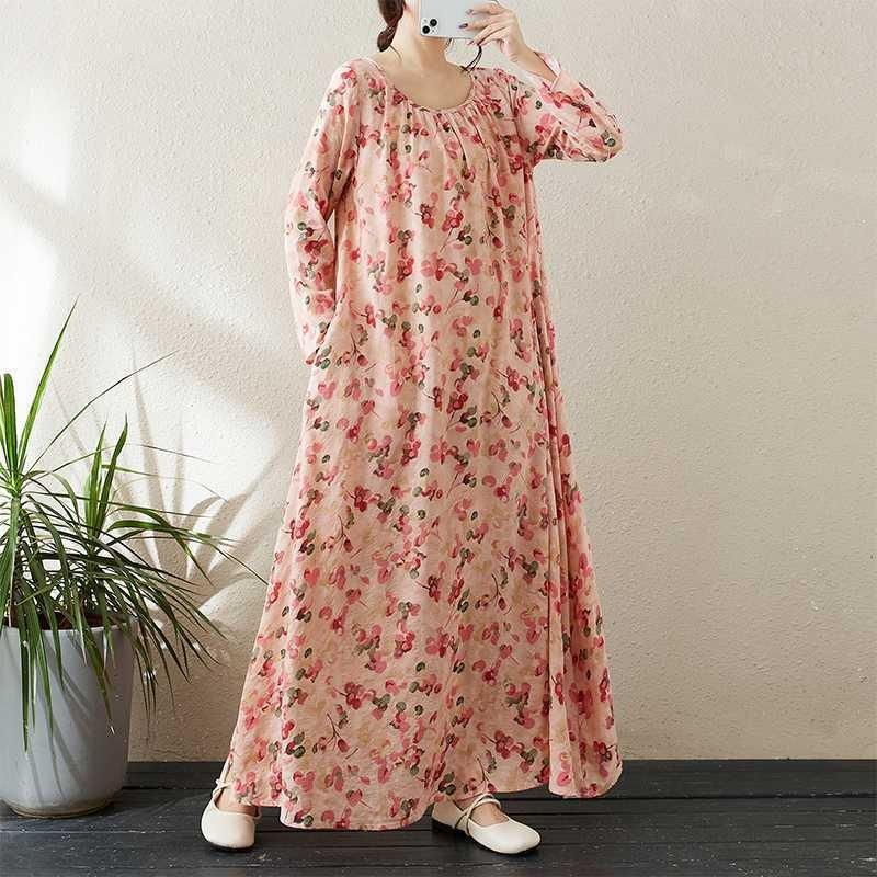 Round Neck Drawstring Loose Minimalist Long Sleeve Extra Long Dress Resort Style