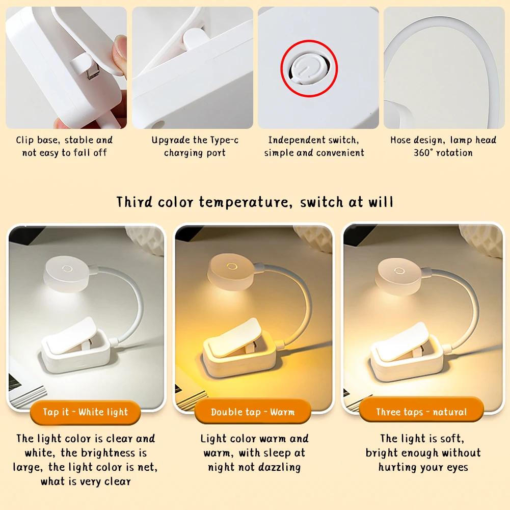 Mini Clip Book Lamp LED Table Lamp Eye Protection 3 Colors Battery Powered USB Night Light Portable Bedside Student Reading Lamp