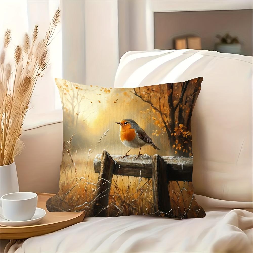 Vintage Rotkehlchen Vogel Kissenbezug Rustikale Herbstlandschaft Ölgemälde Druck Kissenhülle Für Sofa Couch Cottagecore Heimdekoration