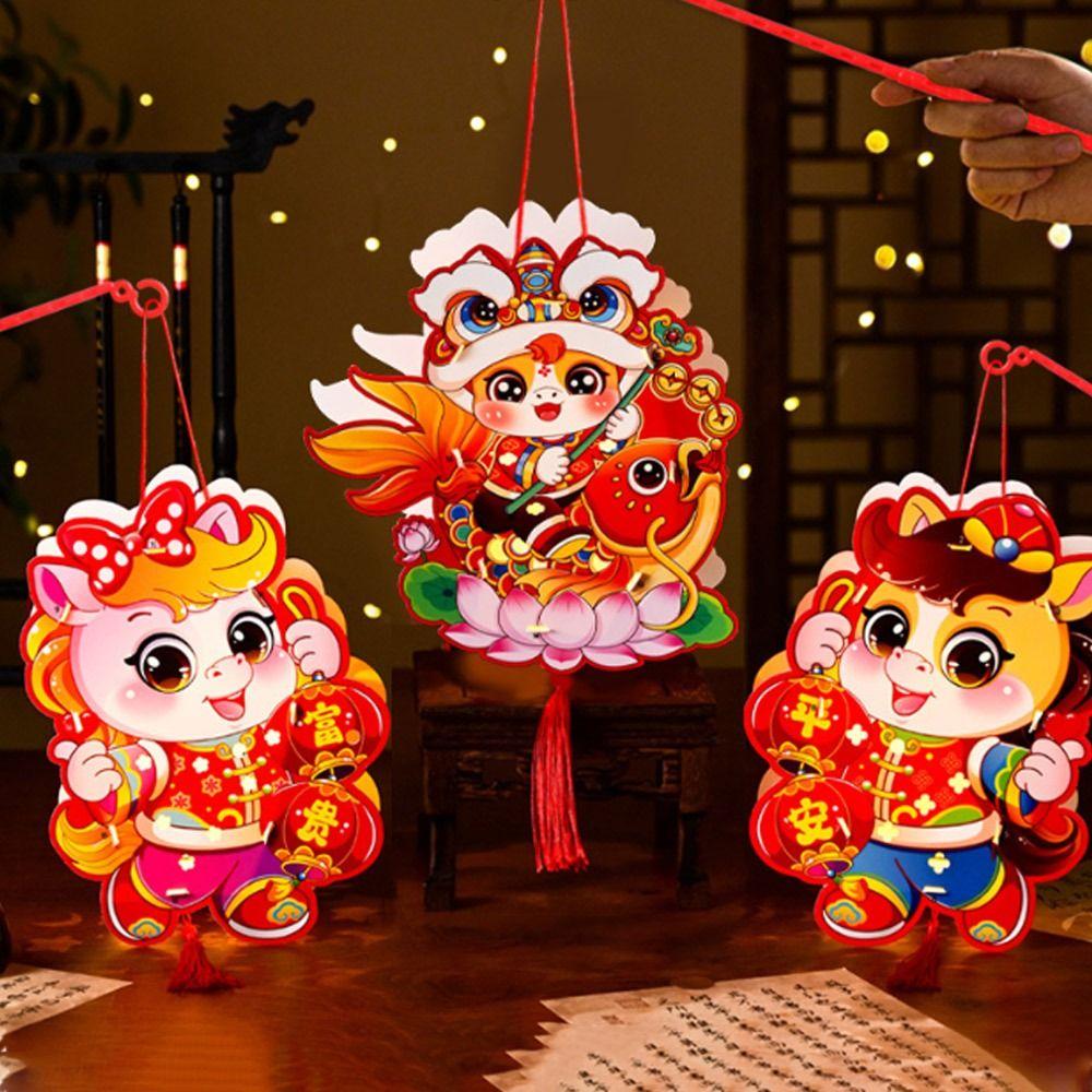 Cartoon Chinese New Year Lanterns Paper Traditional DIY Handheld Lantern Zodiac Horse Blessing Spring Festival Lantern