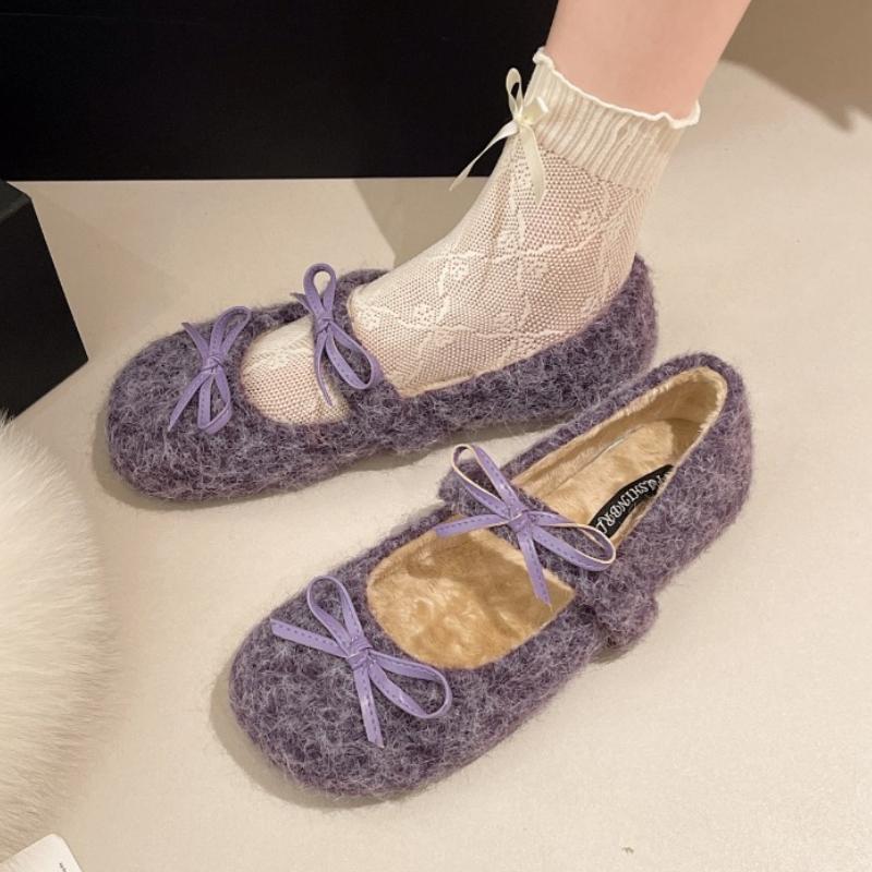 Autumn Warm Plush Mary Jane Shoes Women Sweet Bow Decorate Low Heel Pumps Cozy Soft Sole Non-slip Designer Shoe Zapatos De Mujer