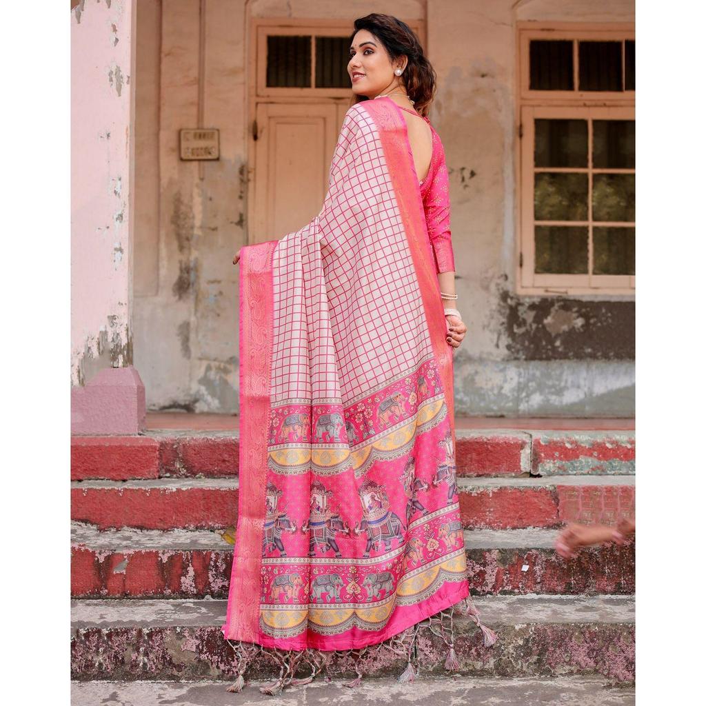 Pure Silk Digital Printed Saree, Exuding Regal Charm With Its Rich Pallu And Intricate Brocade Blouse