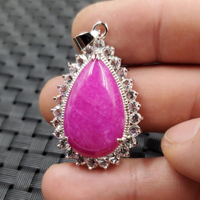 Jade Peach Blossom & Pink Quartzite Water Drop Pendant Necklace with Diamond Inlay 25x35mm Silver Setting