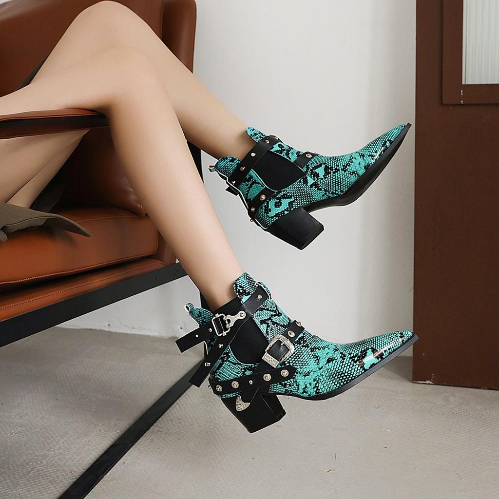 Fashion 40-45 Plus Size Sexy Snake Pattern Stretch Riding Botas High Heels Chelsea Bottes Pointed Toe Belt Buckle Ankle Boots Women 2025