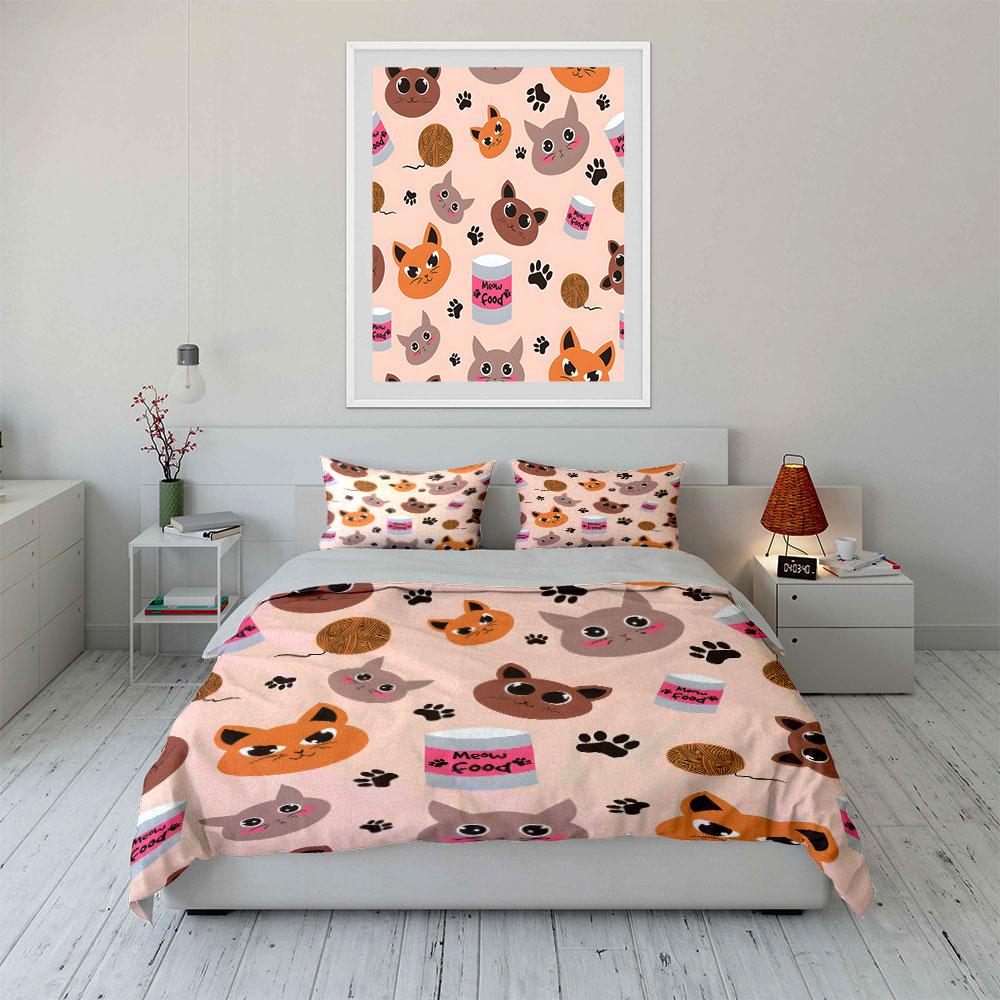 Cute Cat Faces and Paw Prints Bedding Duvet Cover Set (1*Duvet Cover 2*Pillowcases, Without Duvet Insert)