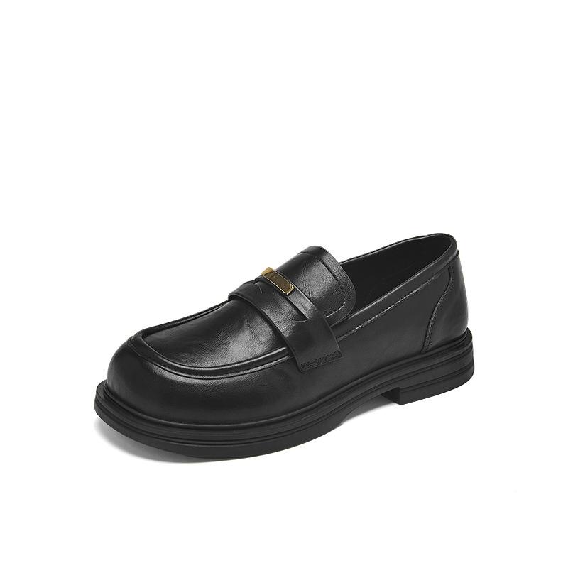 Ogu Shiden Black Small Leather Shoes, New Autumn British Style Thick Heel Soft Sole Commuter Shoes