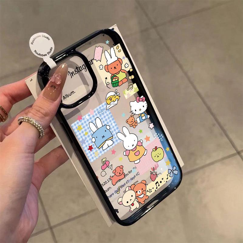 Rilakkuma & Miffy Rabbit Cartoon Acrylic Phone Case, Black Frame, Compatible with Apple 16/16 Pro Max.
