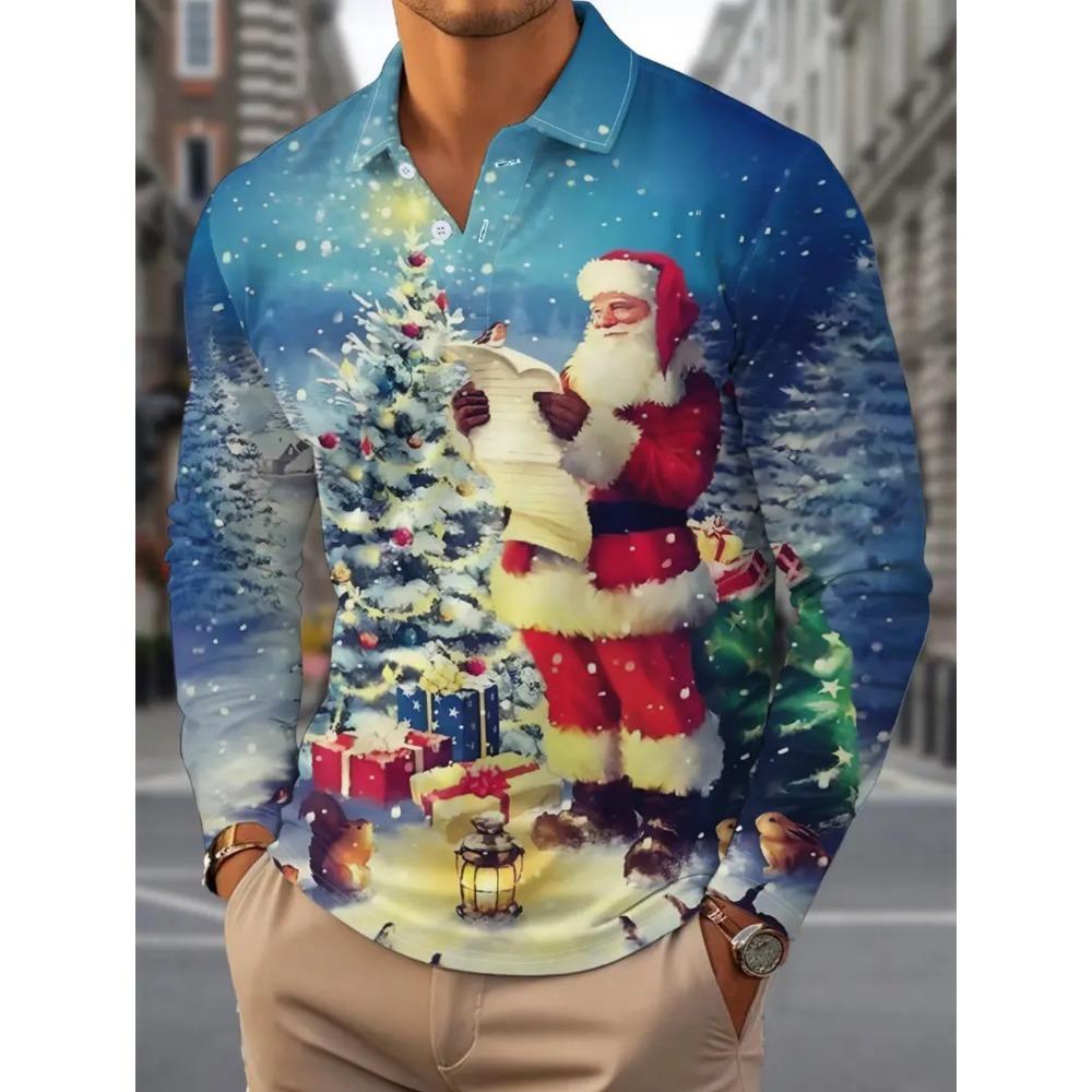 Christmas Men's Polo Shirt Santa Claus 3d Print Autumn Long Sleeve Shirt Casual T-shirt for Man Fashion Harajuku Men's Clothing