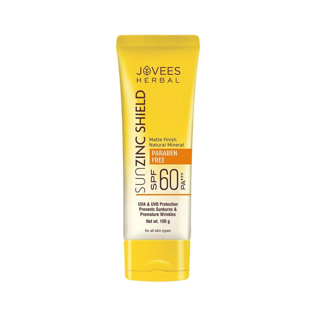 Jovees Sun Zinc Shield SPF 60 PA+++ Sunscreen | Matte Oil Free UVA UVB Blue Light Protection | Broad Spectrum For All Skin Types 100g