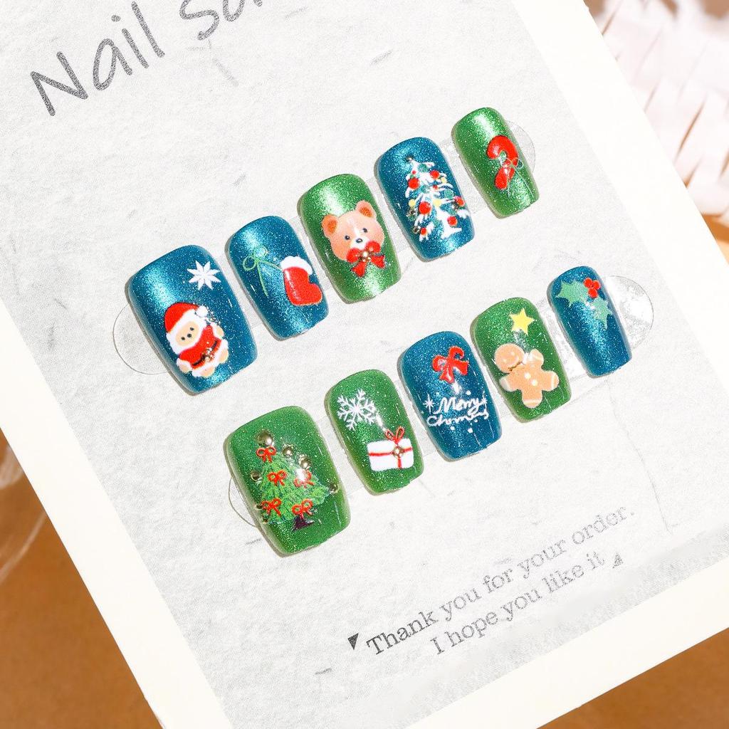 Green Christmas 3D Nail Art Stickers: Little Bear, Gingerbread Man, Santa Claus, Bell, Cat Eye Designs