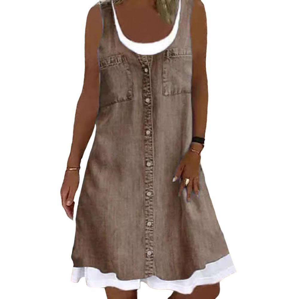 Letní dámské šaty bez rukávů Ležérní falešný dvoudílný kulatý výstřih Dámské džínové šaty Knoflíková ozdoba Volný střih A-line Dámské tílkové šaty