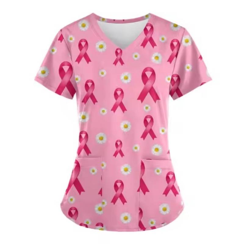 Scrubs Medicinsk Uniform Rosa Bandet Cancerkämpe Grafik Damuniformer V-ringad Kortärmad Toppar med Fickor Scrubs Damer