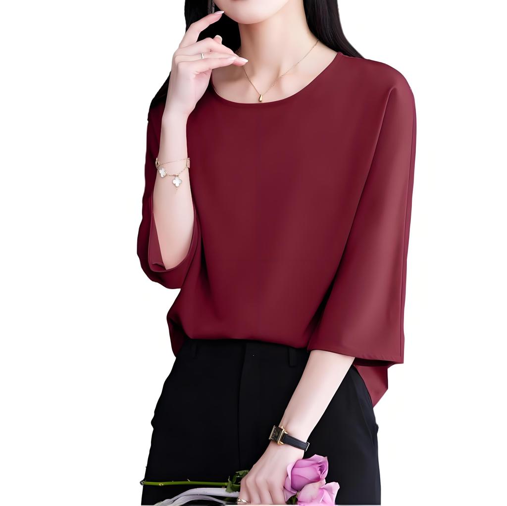 Bolan Verl Lightweight Sleeve Pullover Loose Solid Wine Size 3XL Women's 3/4 Blouse, Simple, Lightweight, Fit, White, Color, High-Quality Look,
