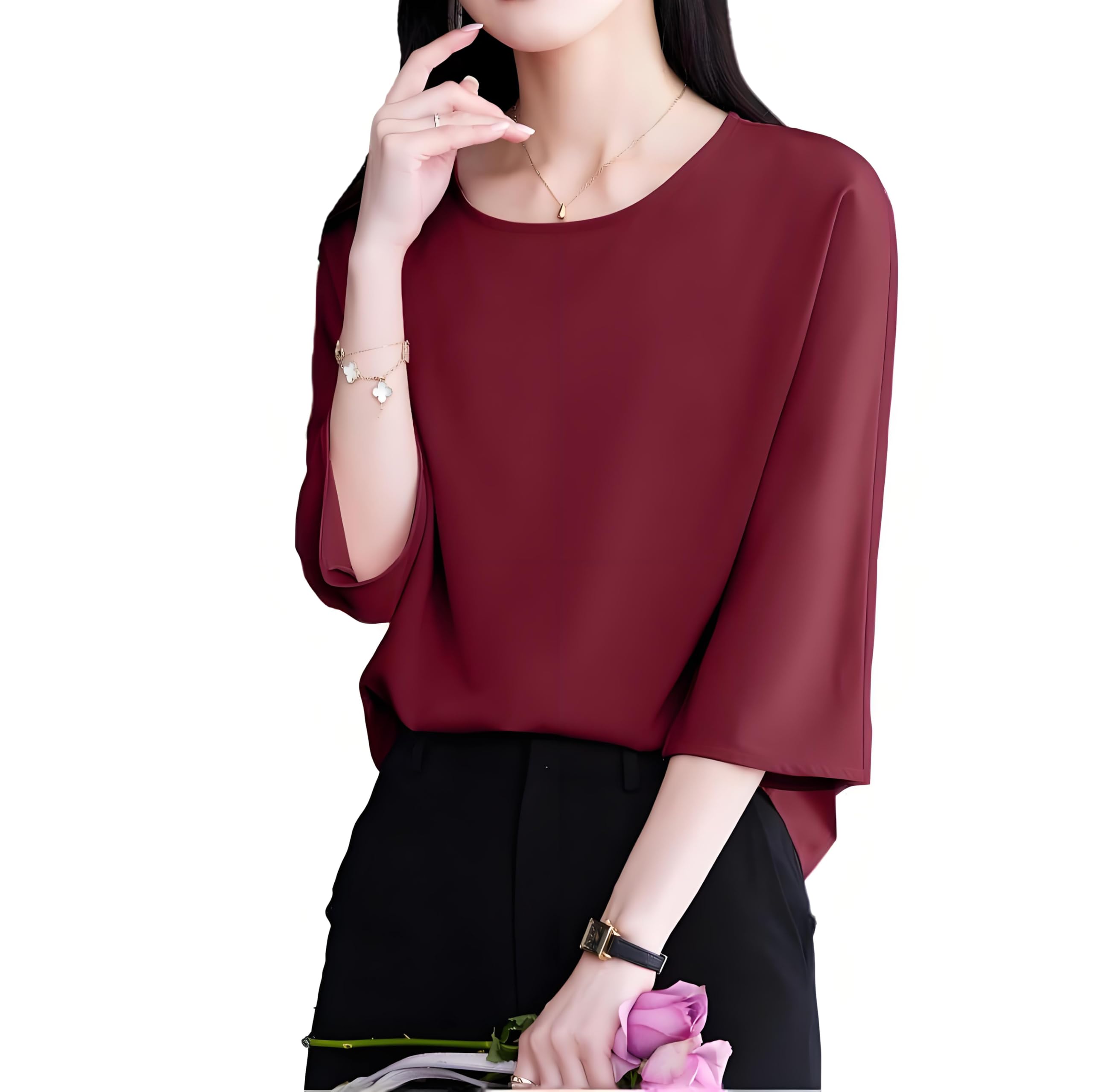 

Bolan Verl Lightweight Sleeve Pullover Loose Solid Wine Size 3XL Women s 3/4 Blouse, Simple, Lightweight, Fit, White, Color, High-Quality Look,