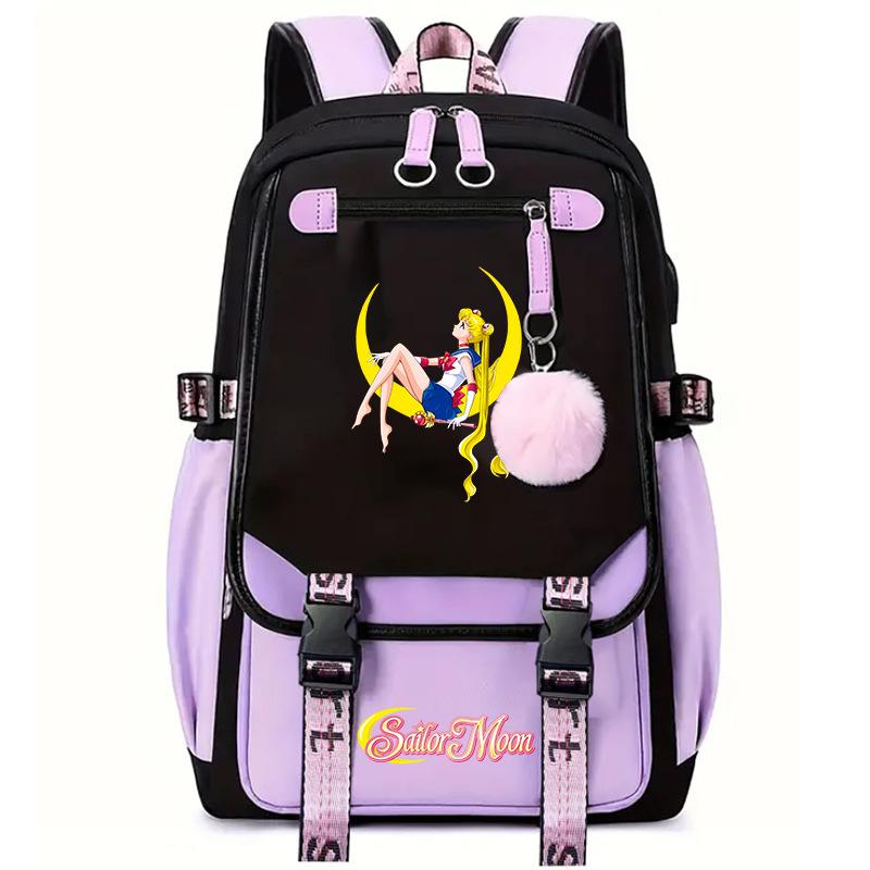 Sailor Moon Cute Anime Printed Student School Bag USB Interface Large Capacity Canvas Bag Computer Bag