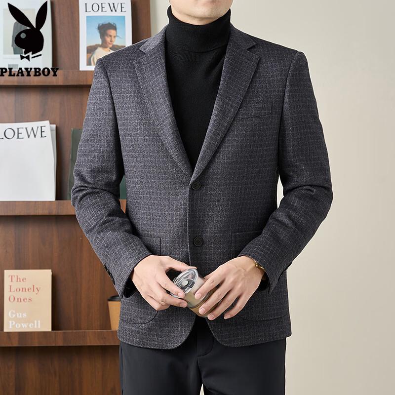 PLAYBOY Men's Wool Blend Business Casual Plaid Blazer