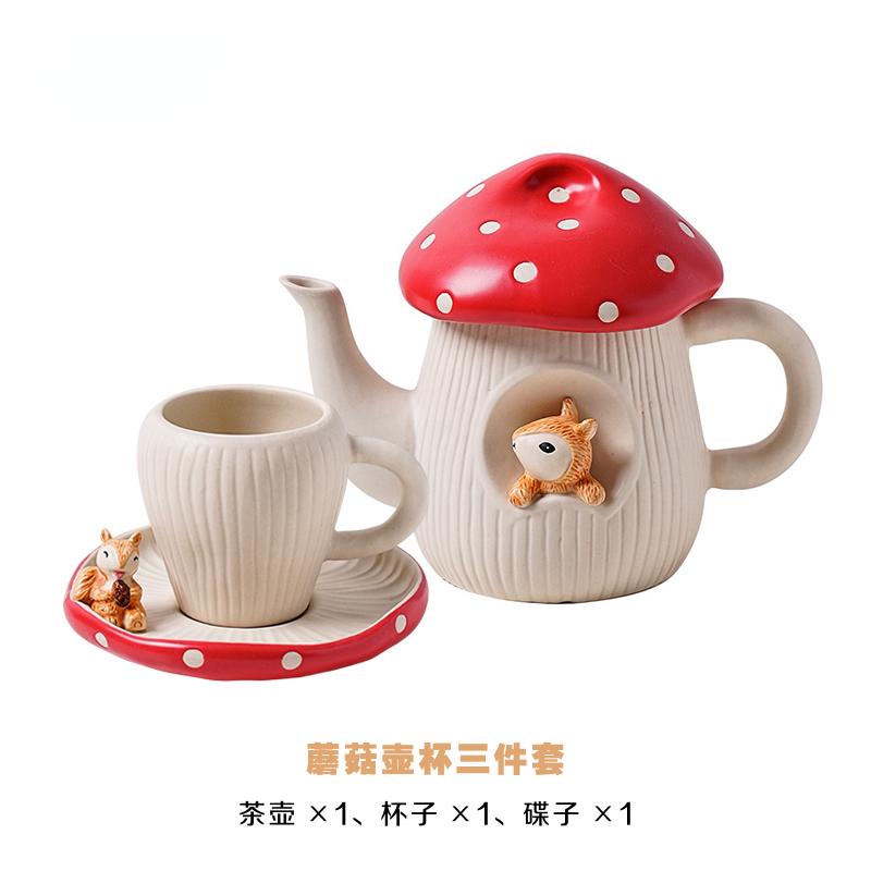 Cute Teapot Red Mushroom Ceramic Afternoon Tea Set Coffee Cup Saucer Creative European Cartoon Flower Teapot