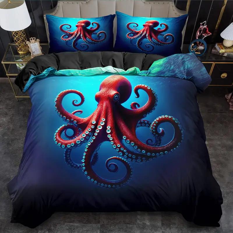 Vintage Octopus Duvet Cover Set, Nautical Sea Life Print Quilt Cover, Soft Comfortable Breathable Bedding Set For Home Decor