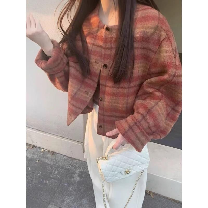 

Корейский стиль Ленивый стиль Узорчатое шерстяное пальто для женщин Новое осенне-зимнее женское шерстяное пальто в красную клетку M красный