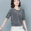 Red Golden Shine Women Blouses Glitter Loose Short Sleeve Shirt Tops Fashion Elegant Shiny Sequin Tunic Ladies Blouse