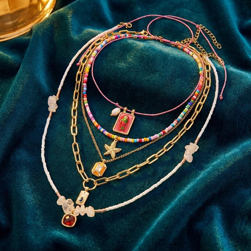 5PCS/Set Fashionable Multi-Layer Starfish Drop Oil Square Fish Pendant Beaded Necklace for Women Colorful Choker Cool And Trendy