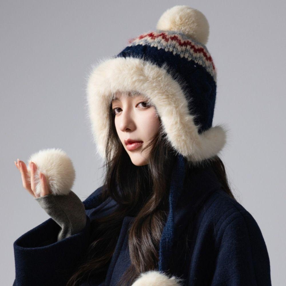 Warm Fair Isle Style Beanies Printed Ear Protection Hat Cute Lei Feng Hat Girls