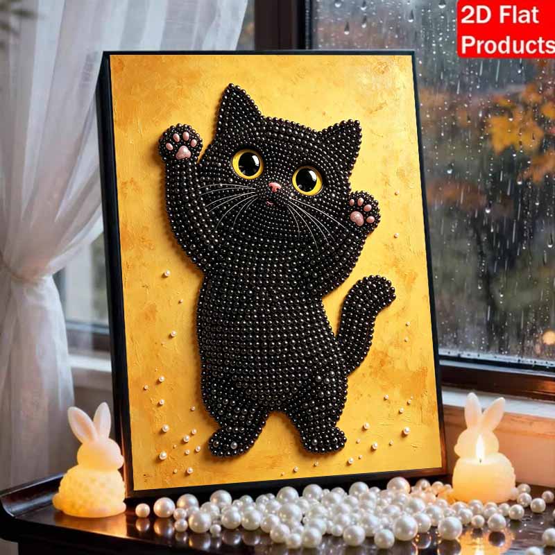 Framed Pearl Painting Kit Cute Black Cat Design 3D Shiny Bead Art Canvas for Bedroom Living Room Decoration Wall Hanging Art Craft Gifts